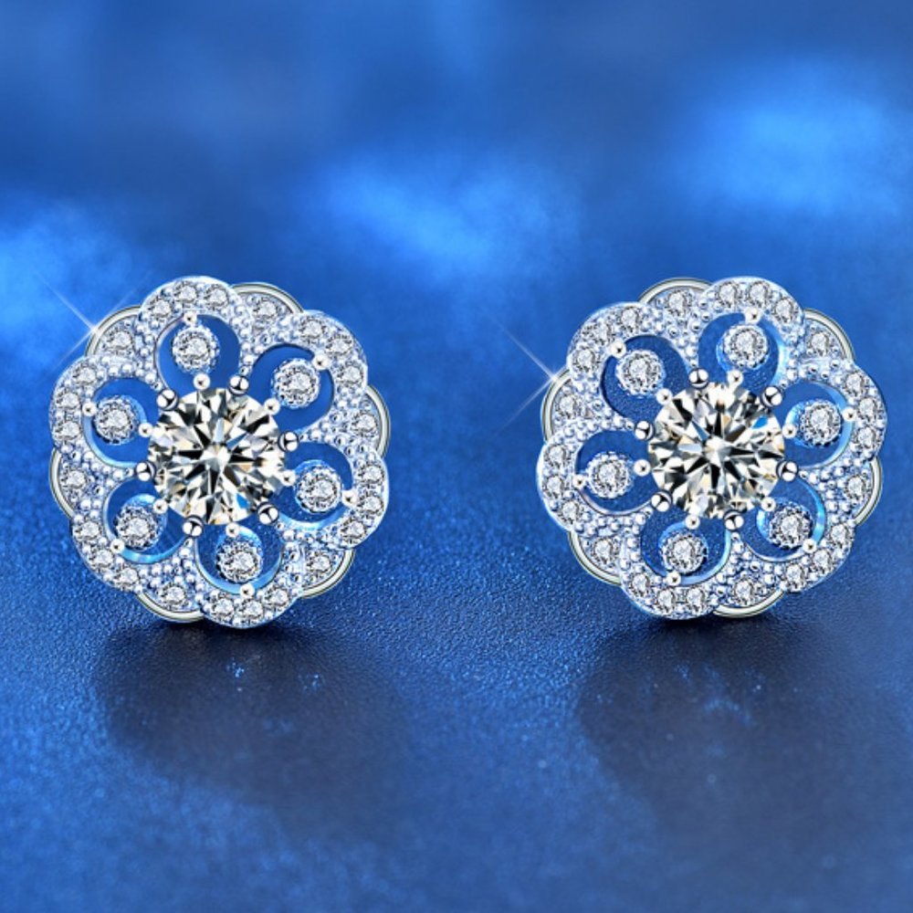 Certified 1ct. t.w. Diamond Moissanite Flower Stud Earrings NEW